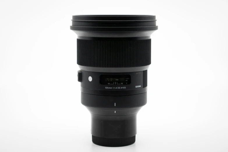 a large black camera lens on a white background