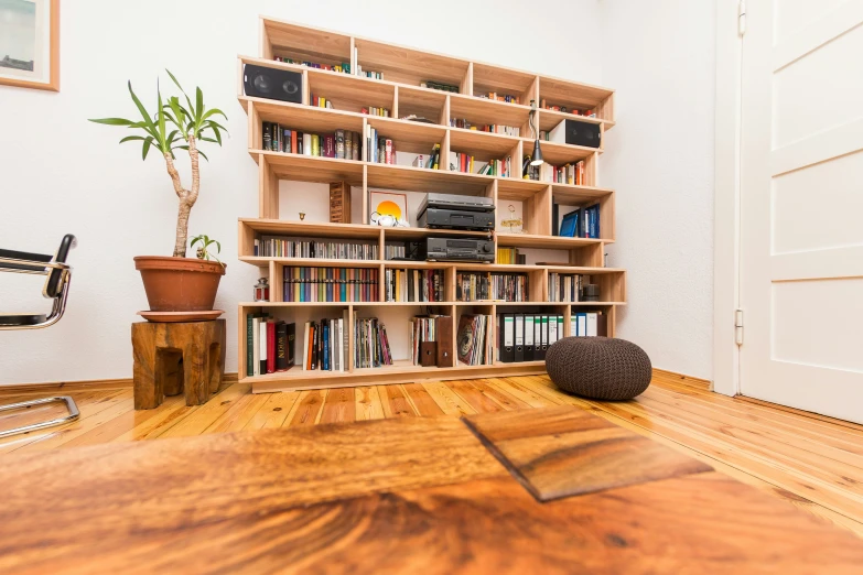 a large room with a wood floor and book shelf