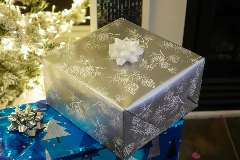 an elegant gift box sits on some presents in front of the christmas tree