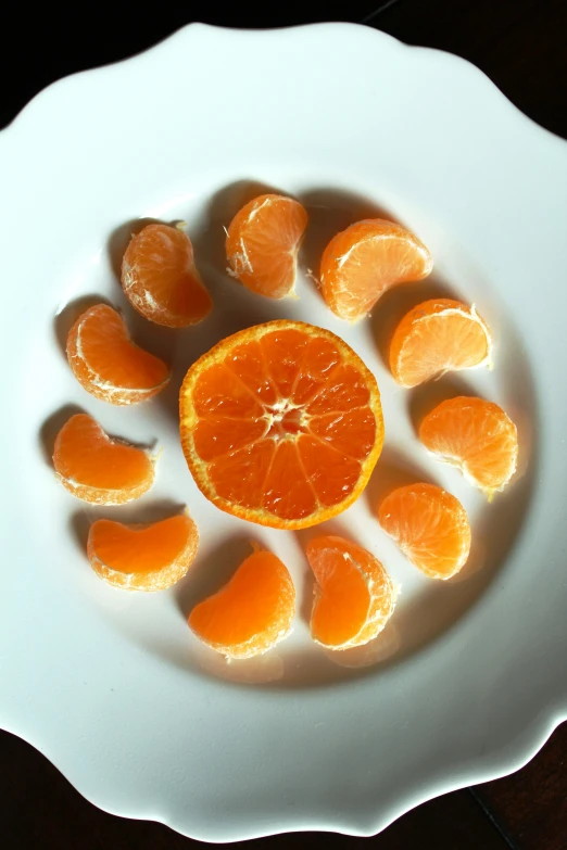 a white plate that has many orange slices in it