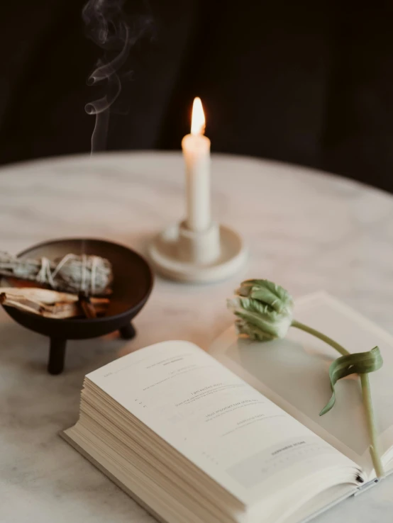 the book on the table has been placed with a candle