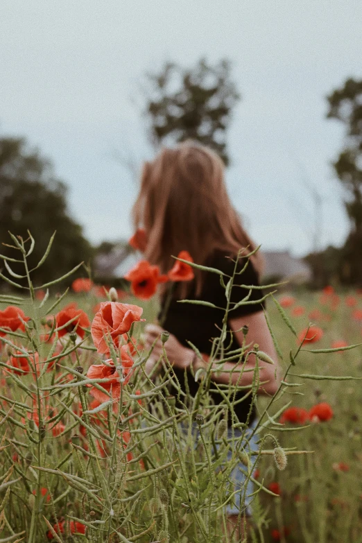 woman standing in the middle of a field full of flowers