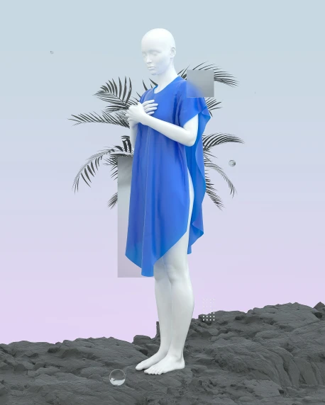 a mannequin with a blue wrap and plants