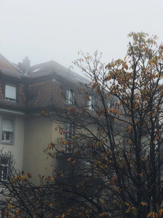 a gray building with several windows on top of it