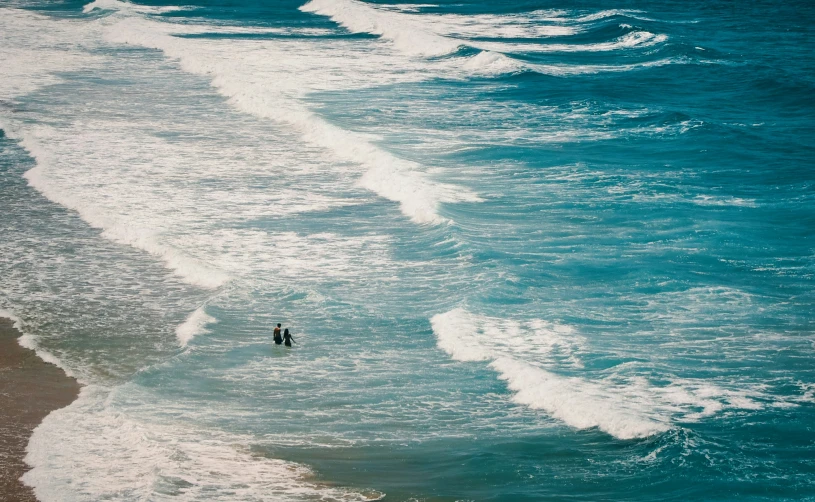 two people walking into the ocean and one is carrying an umbrella