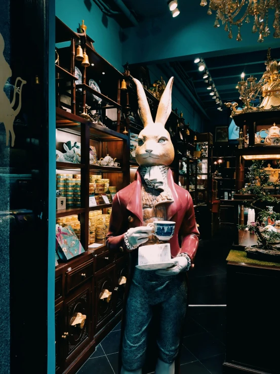 a stuffed rabbit in a store holding food