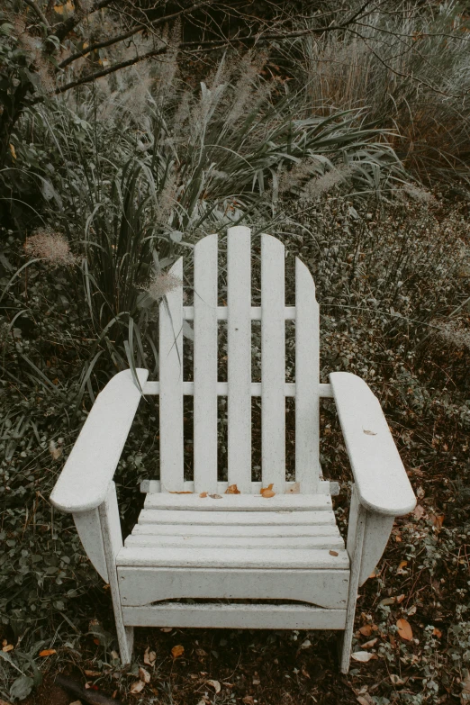 a white chair is sitting in front of some bushes