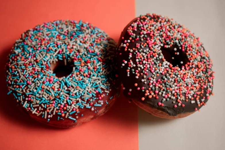 two donuts on a plate with sprinkles are next to each other