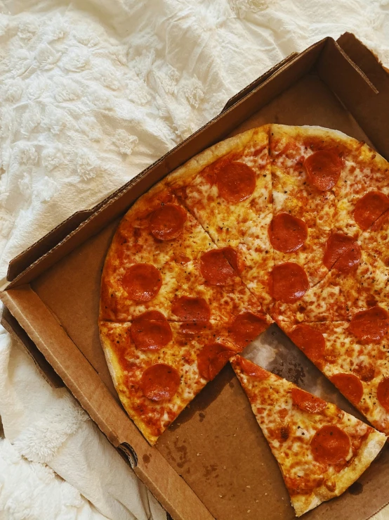 pepperoni pizza slices are sitting in a box