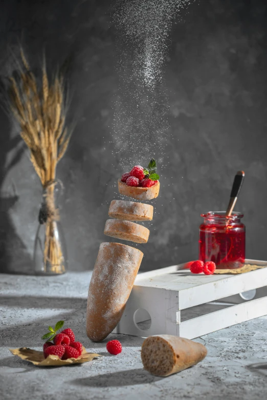 an assortment of breads are sprinkled with powder