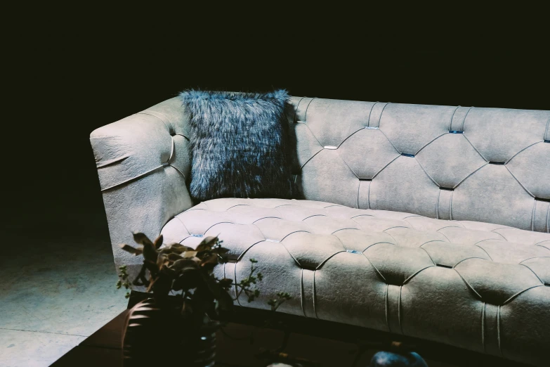 the sofa is in front of the flower vase with some flowers on it