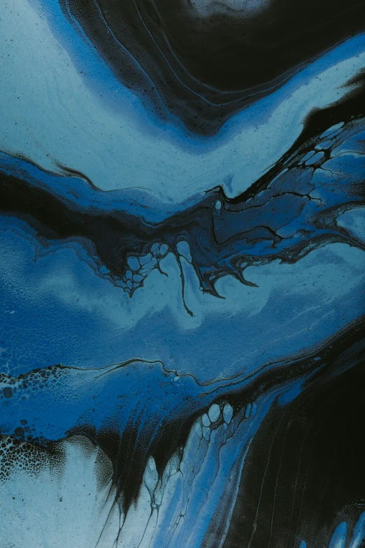 a blue abstract painting with black lines and ink colors