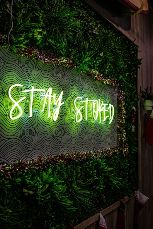 neon sign with large green plant on wall