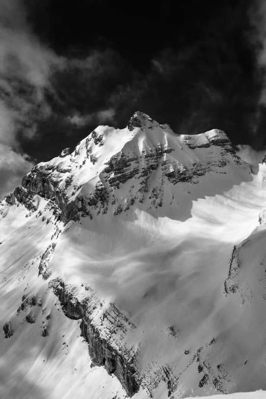 black and white pograph of a snowy mountain peak