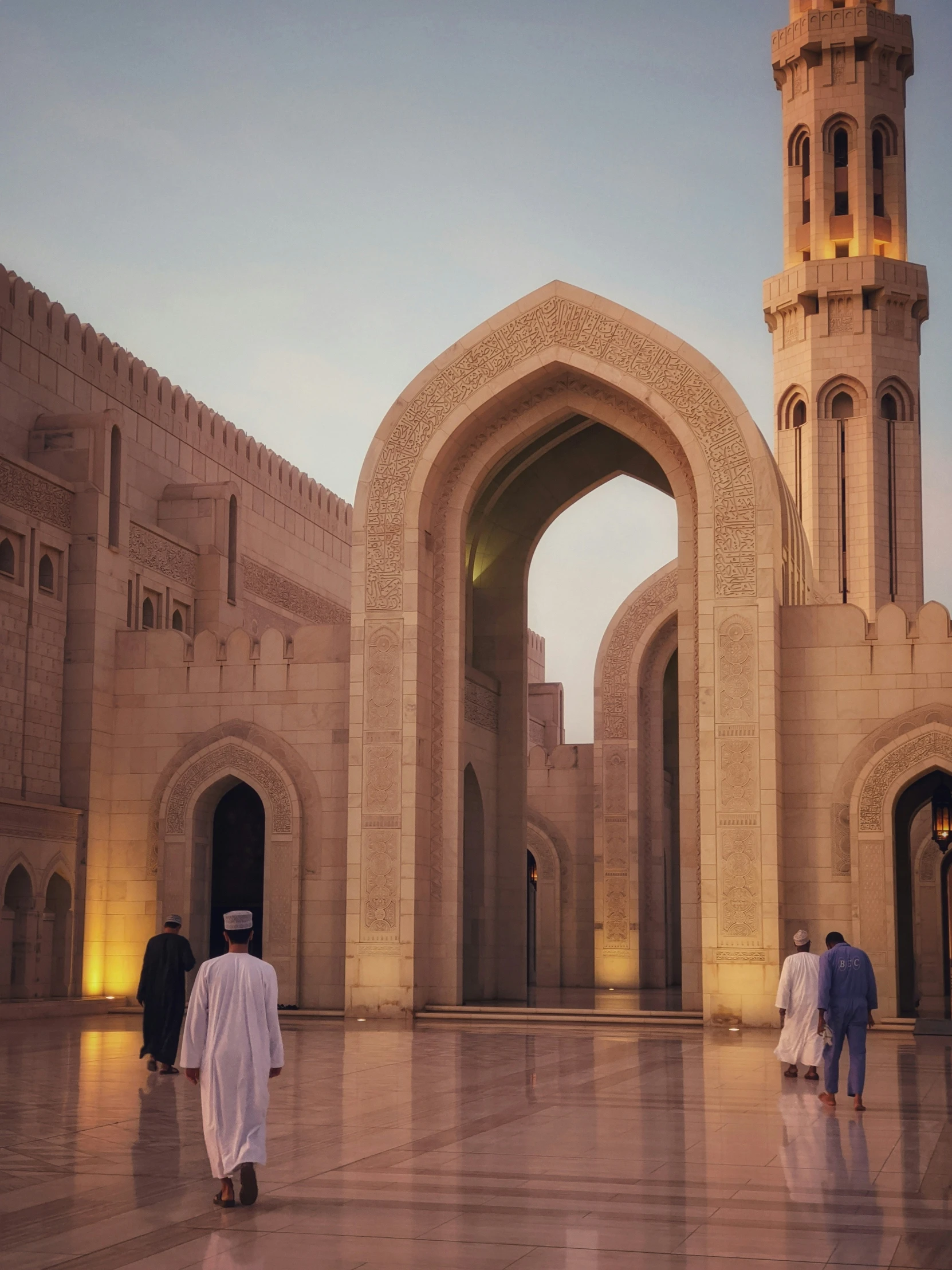 men are walking through a courtyard at sunset