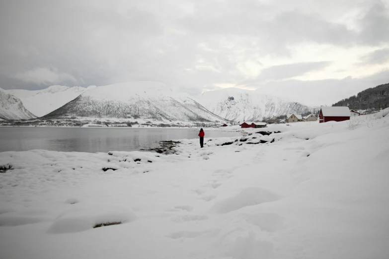 a man stands alone near a lake and snowy mountains