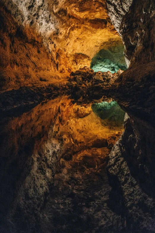 a cave with its reflections in water