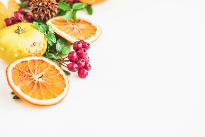 some fruits are laying out on a table