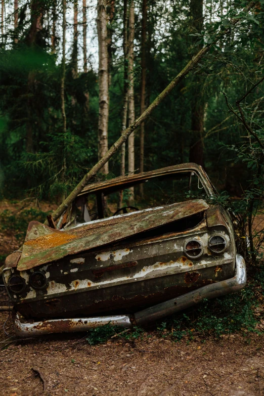 an old truck that has been abandoned in the forest