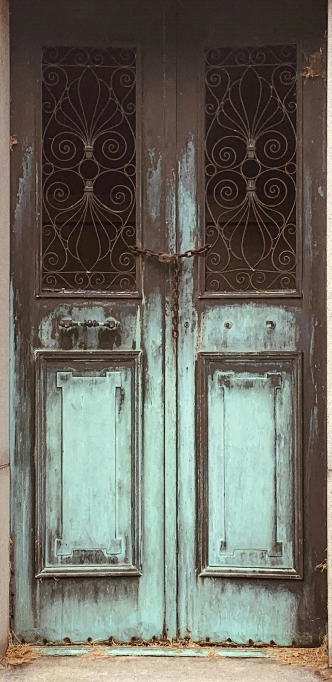 an old wooden door in front of an ornate iron paneled window