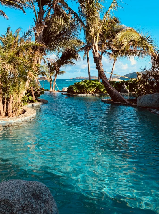 a large pool surrounded by trees with a person standing on it