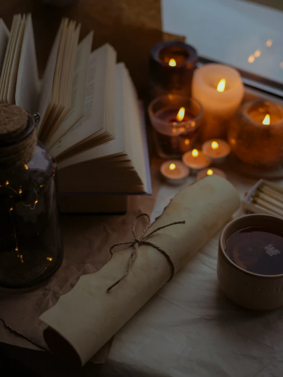 an assortment of candles, books, a cup and a rolled candle holder