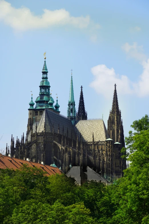 an old, majestic gothic church rises high above a forest