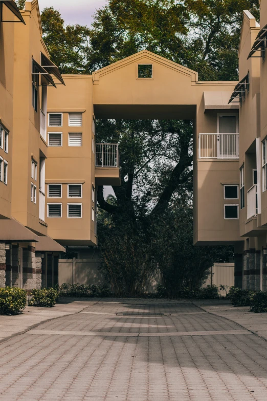 a large building has some trees in it