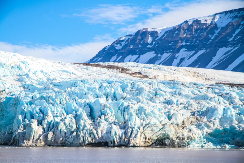 the very large ice covered mountains surround a body of water