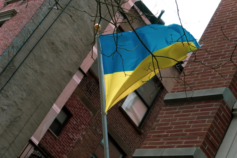 a blue and yellow flag stands near some buildings