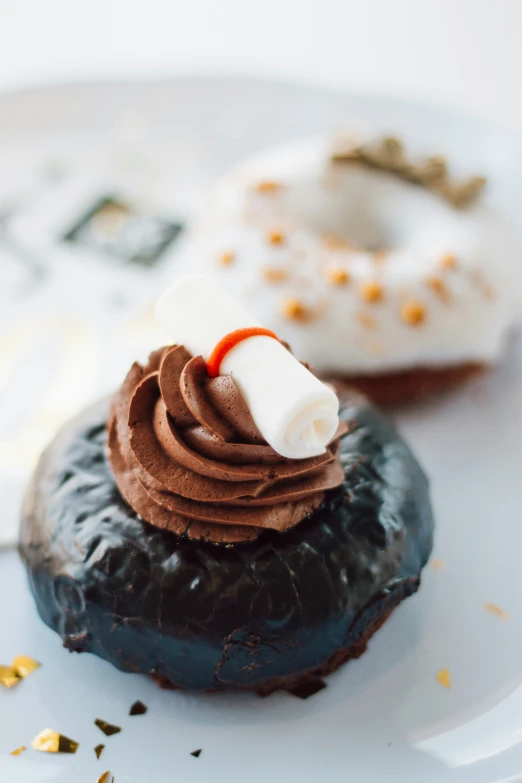 a couple of chocolate cakes are on a plate