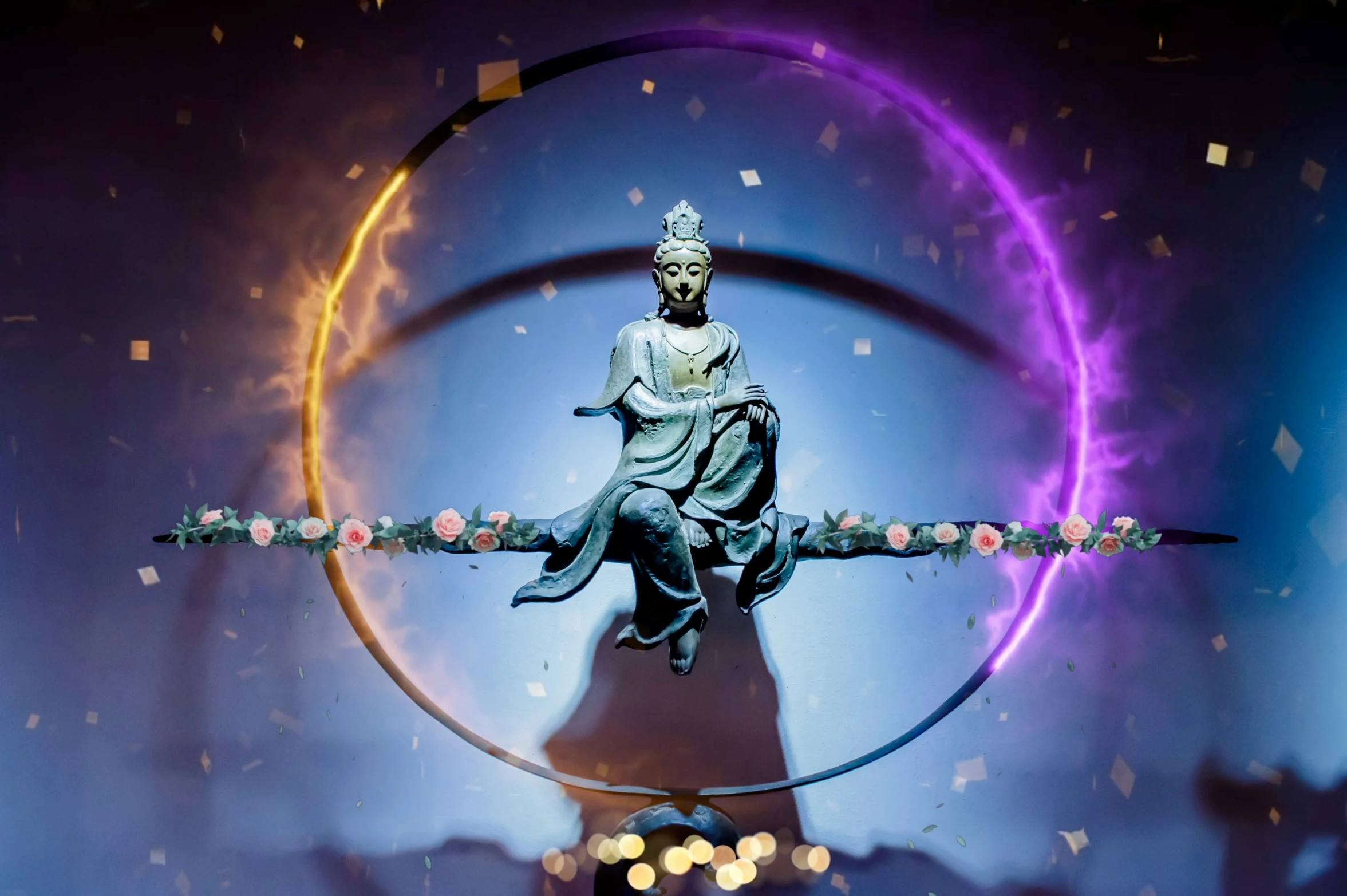 a statue on a circular with stars and blurs