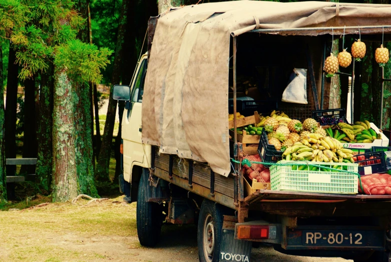 a truck filled with fruit under a canvas covering