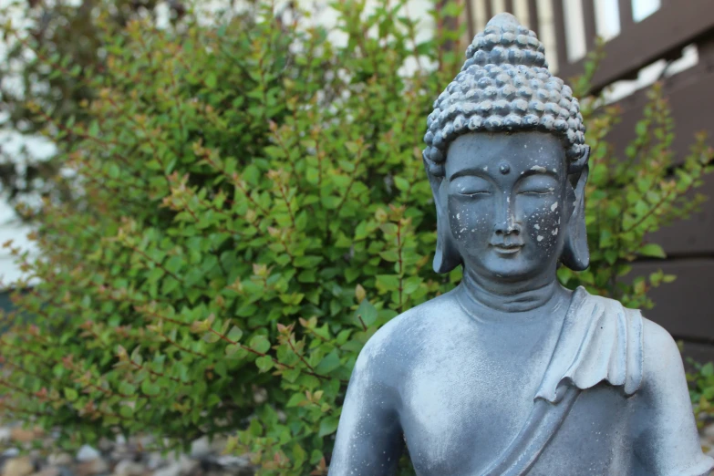 the statue of a seated buddha sitting in front of green bushes