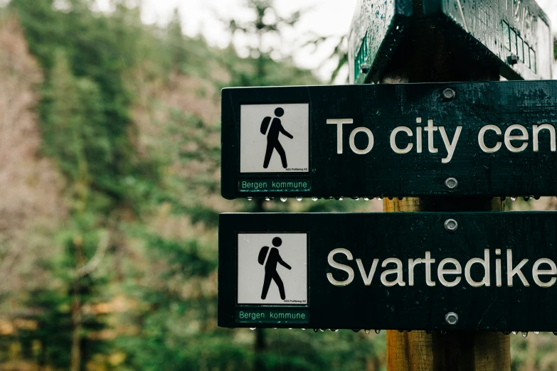 two signs on a wooden pole and some trees