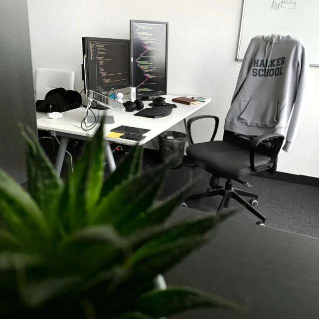 a plant that is sitting in a chair next to some desk