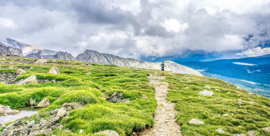 the man is hikeing up the mountain with his dog