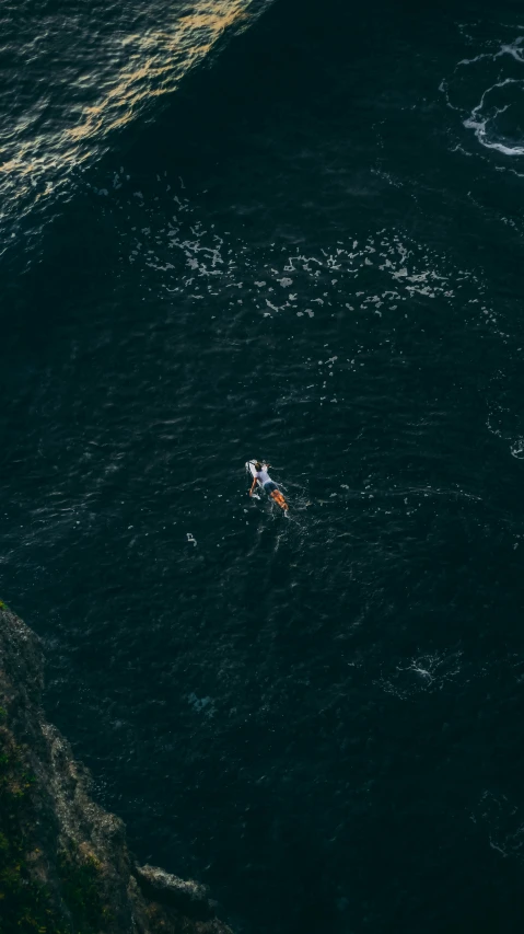 two people swimming in the ocean with surfboards