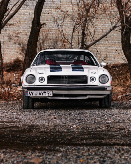 white vintage mustang sitting in front of trees and a brick wall