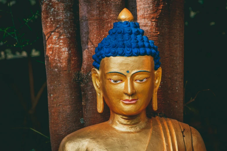 golden buddha statue with blue head covering against a tree