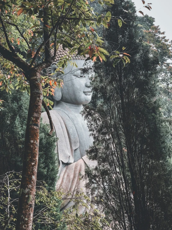 a large statue in the middle of a forest