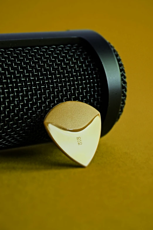 a speaker is holding a golden and black object