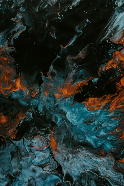 a fluid liquid abstract painting in black and orange