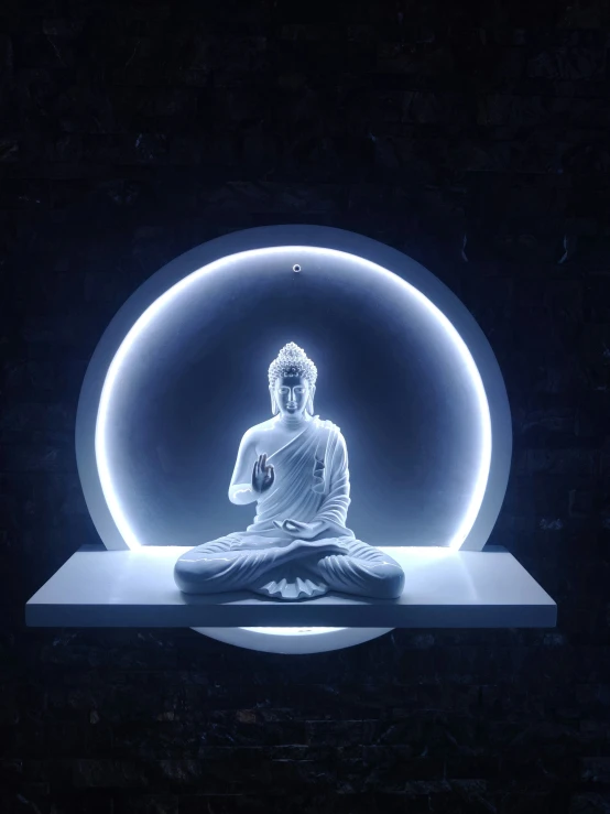 a statue of buddha in front of a glowing sphere