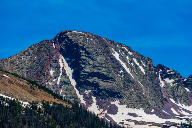 a large mountain covered in snow and surrounded by trees