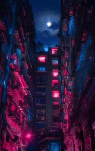 looking down an alleyway at night with neon lights on buildings