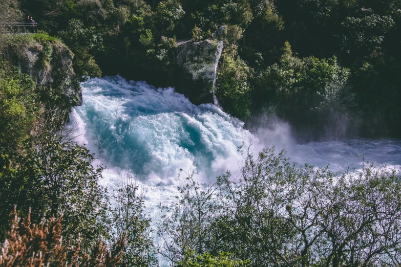 water flowing over rocks through green trees