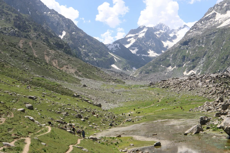 mountains with a stream winding through them