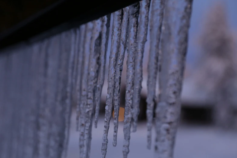 icicles from the top of a window with trees behind them