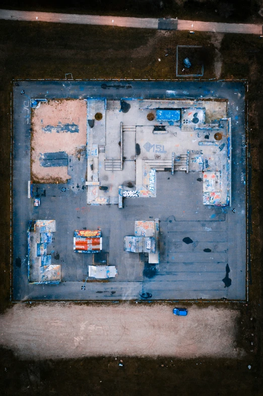 aerial s of a parking lot looking down on a building